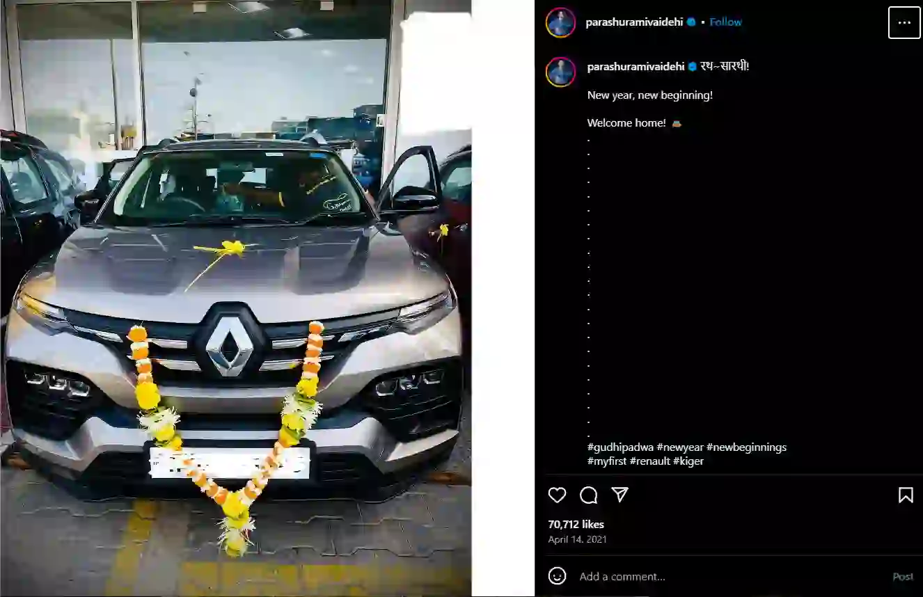 Vaidehi Parashurami Instagram post about purchasing a Renault Kiger